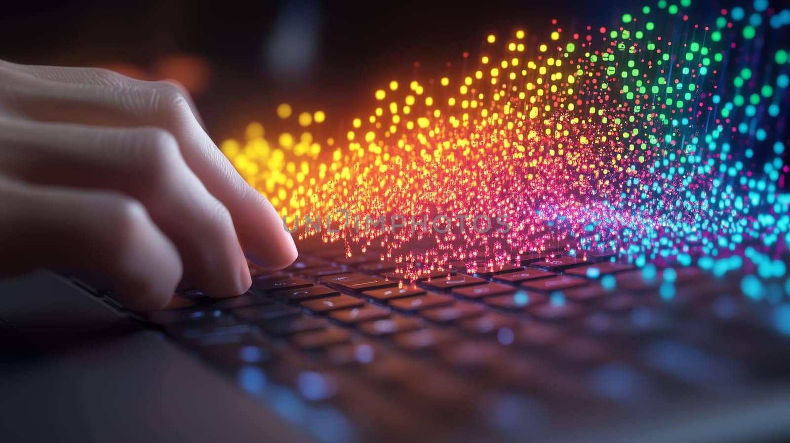 Close-up of programmer's hand typing on a laptop keyboard, generating a vibrant stream of colorful particles, symbolizing data flow and creativity.