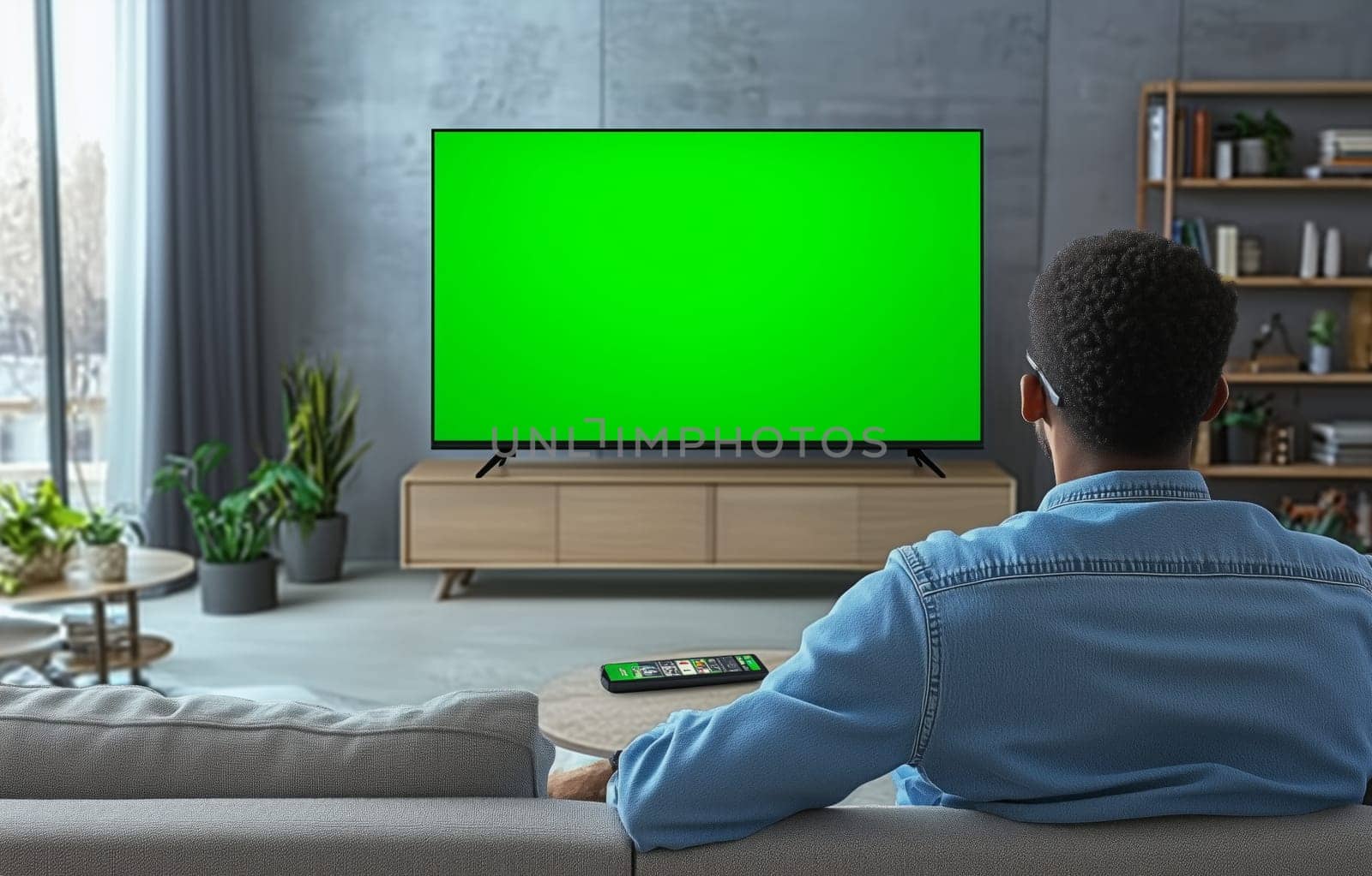 Rear view of black man sitting on sofa watching green screen tv with blank copy space.