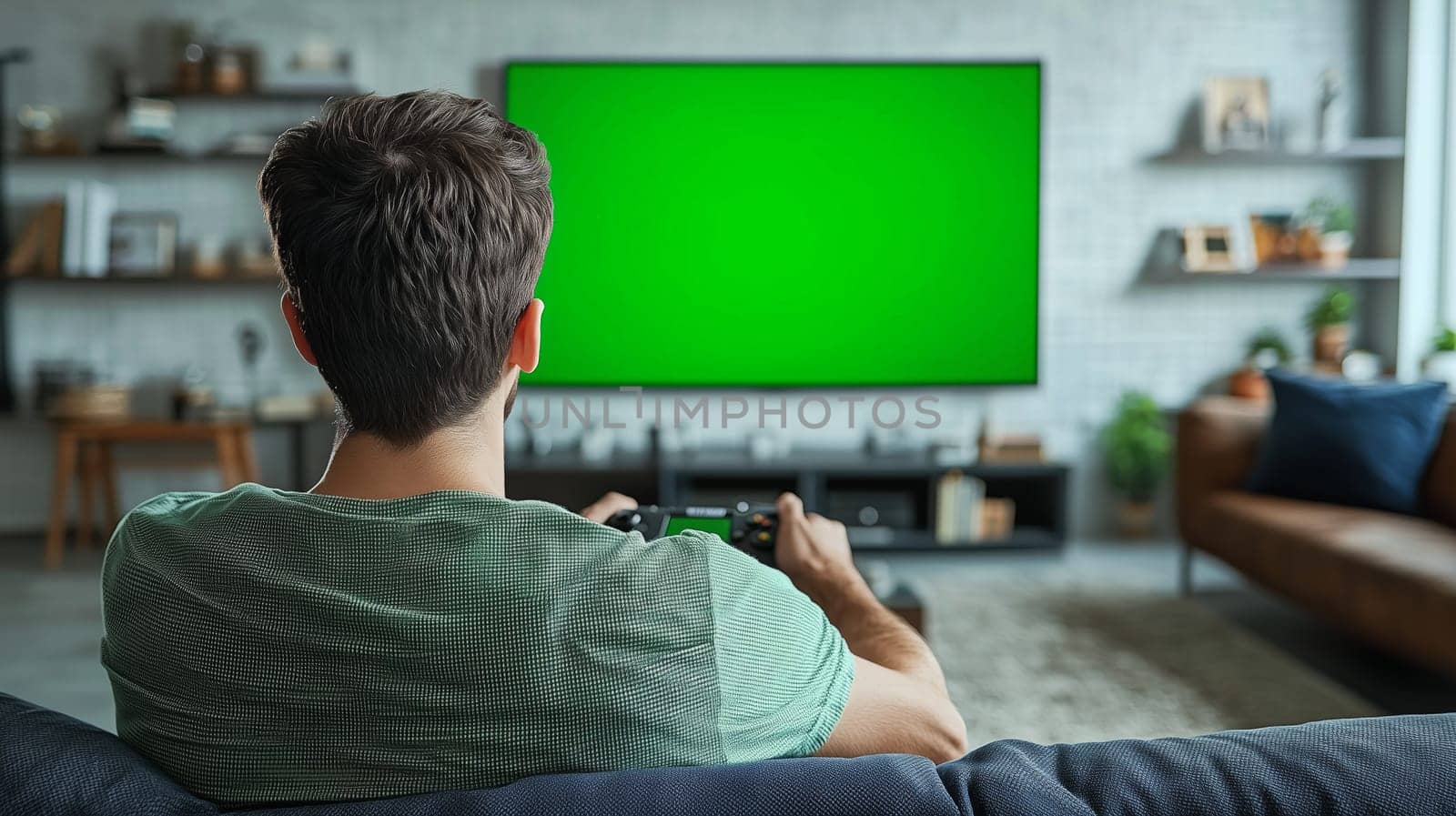 Young man relaxing on sofa and playing videogames using wireless controller and watching green screen mockup display on big tv.