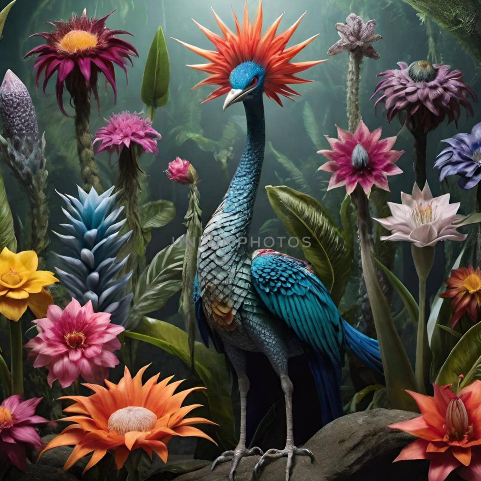 flowers firebird peacock nature art decor colour alt beautiful . High quality 3d illustration