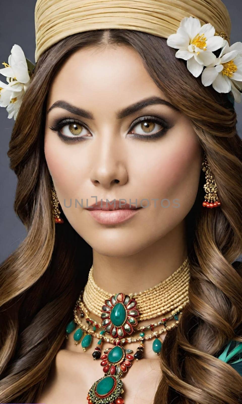 portrait of a woman girl with jewelry in a flower decor eyes brown hear people . High quality photo