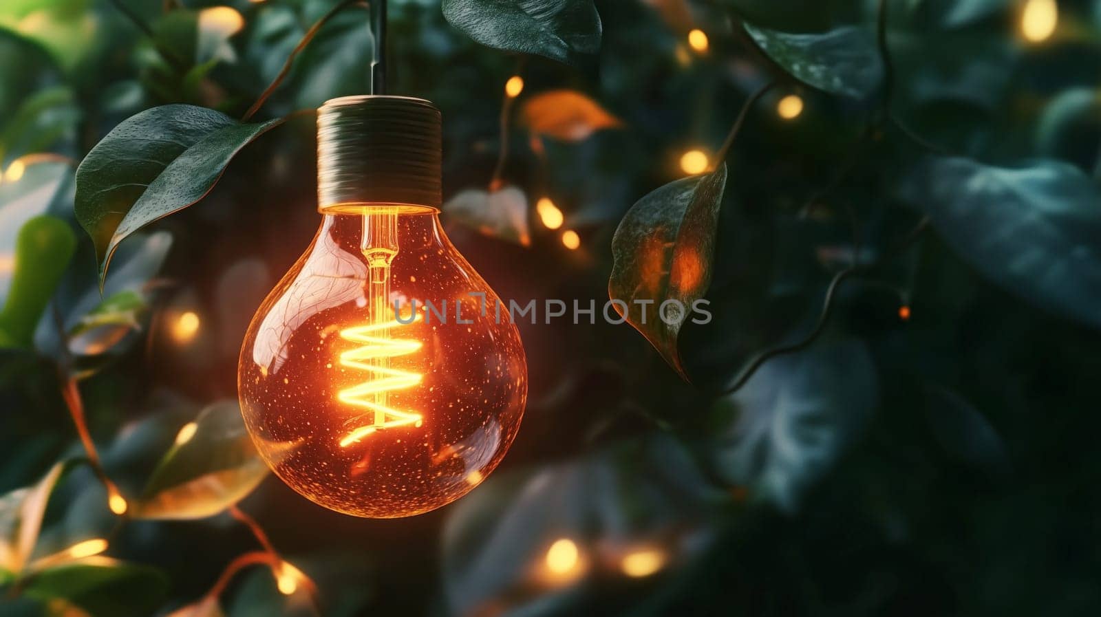 Orange light bulb hanging from tree branch illuminating surrounding leaves, creating a warm and inviting atmosphere