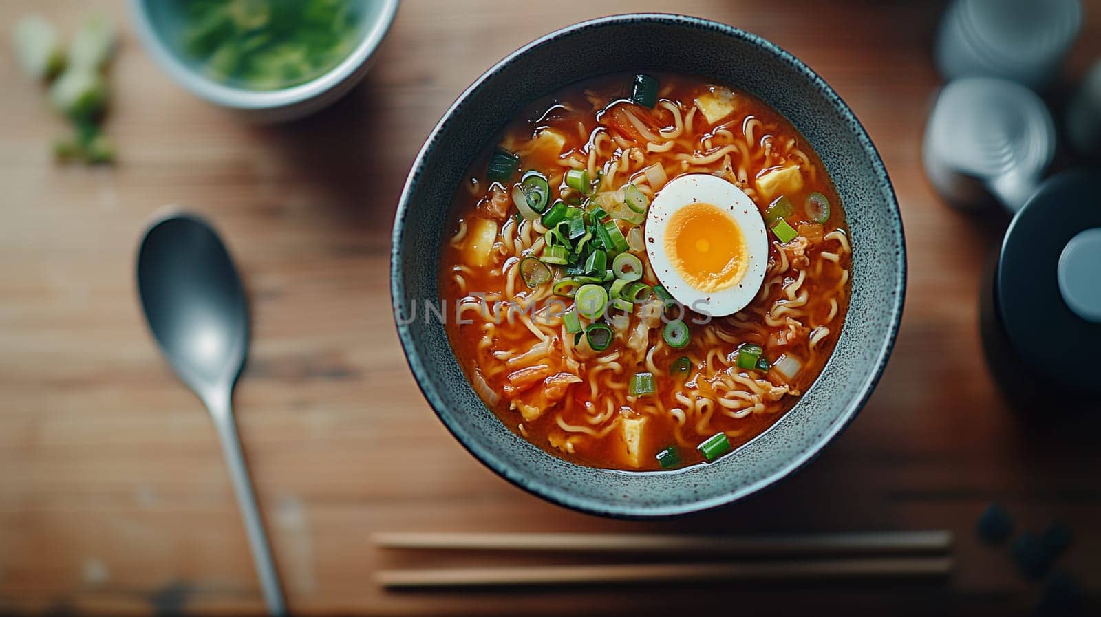 Top view of a bowl of ramen with egg and chopped green onions sitting on wooden table.
