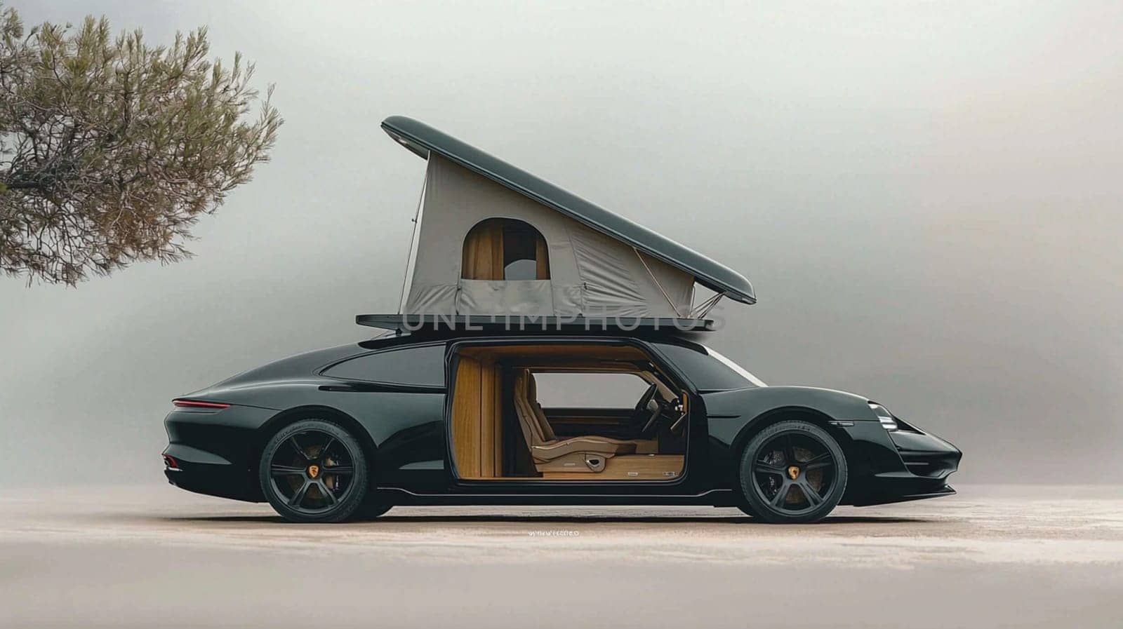 Luxurious black porsche 911 sports car transformed into camper van parked on beautiful beach, symbolizing freedom and adventure for travel lovers. Sleek design adds touch of luxury to road trips