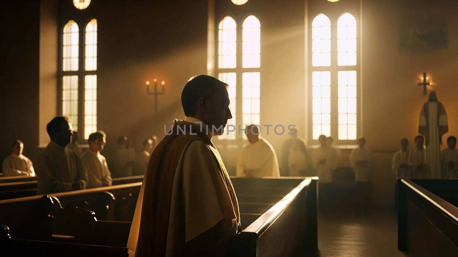 Sunlight filters through tall windows, illuminating a solemn gathering in a church. Worshippers listen attentively as a priest leads morning prayers, creating a sacred atmosphere - Generative AI
