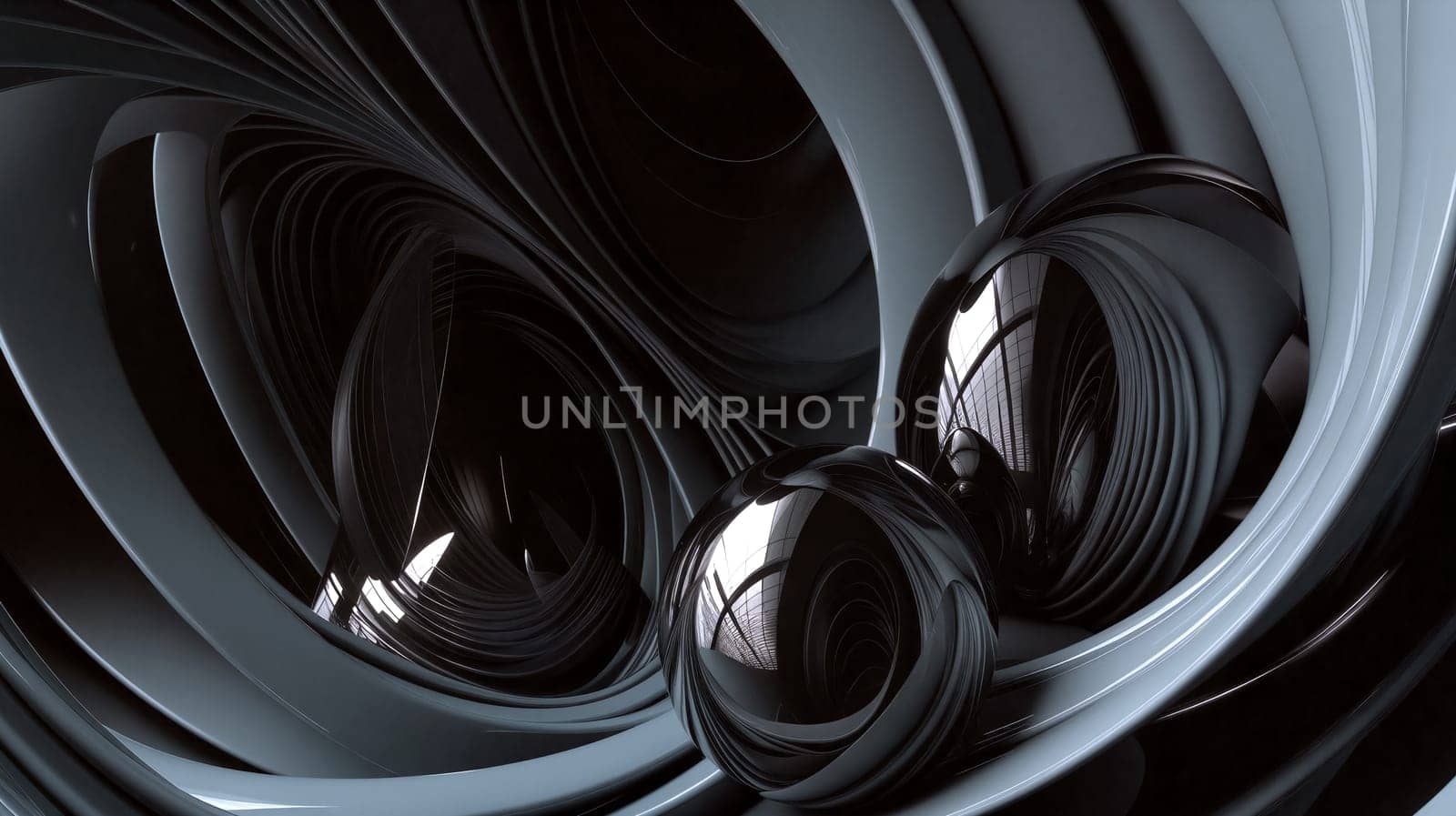 Swirling abstract patterns create a dynamic visual effect, highlighted by reflective spheres that enhance the depth and contrast of the composition in a modern style - Generative AI