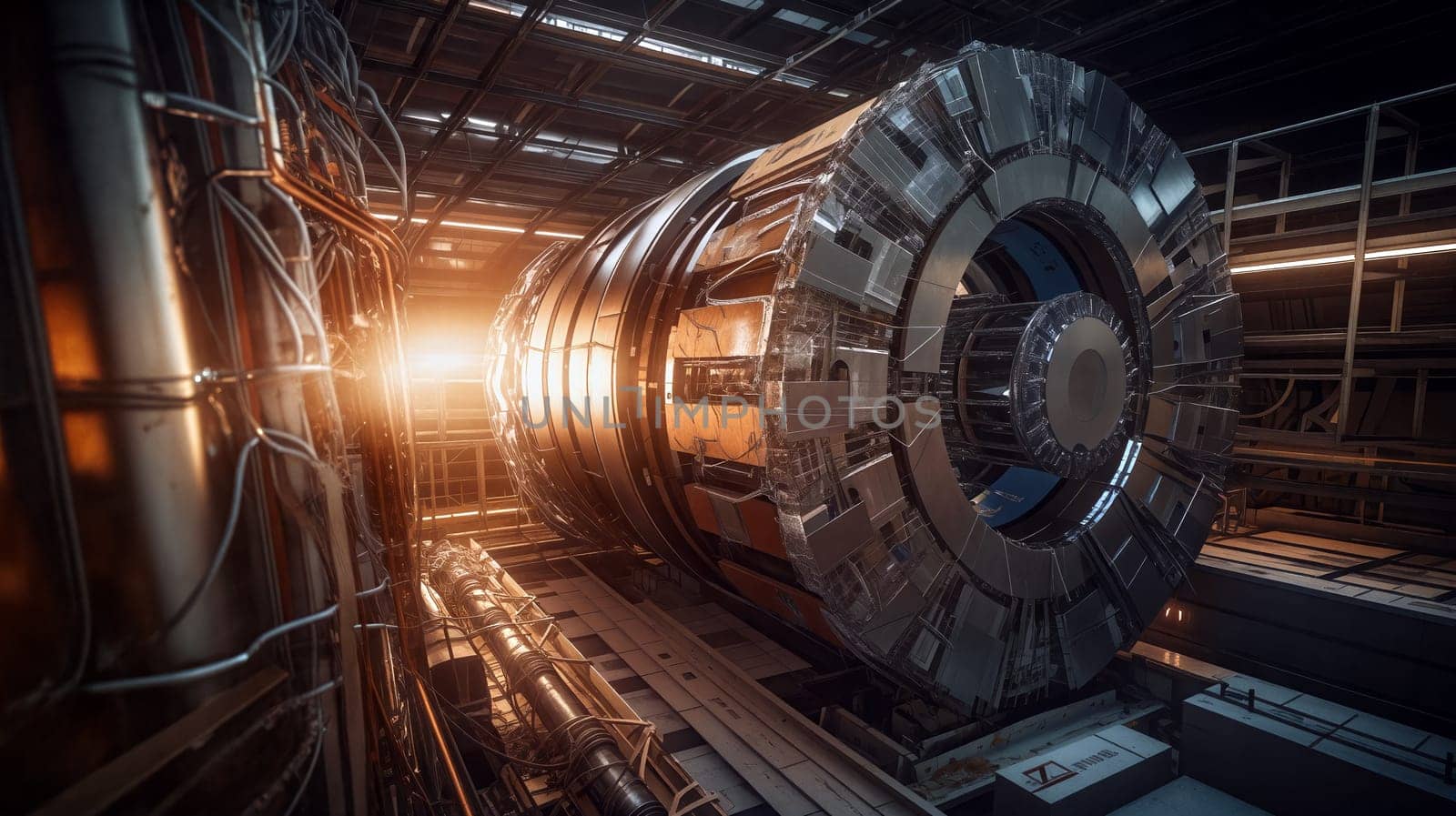 A large energy generator is positioned within a high-tech industrial facility, illuminated by warm light as it prepares for activation in the evening - Generative AI