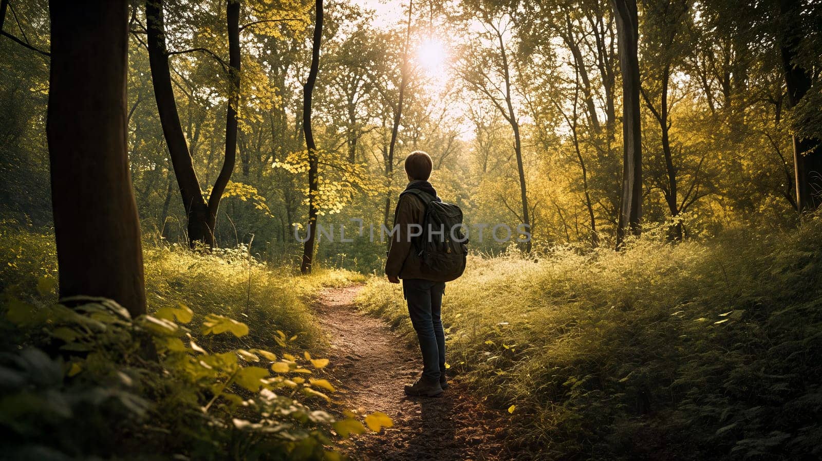 A person stands on a winding path surrounded by lush greenery, illuminated by soft sunlight filtering through trees during late afternoon - Generative AI