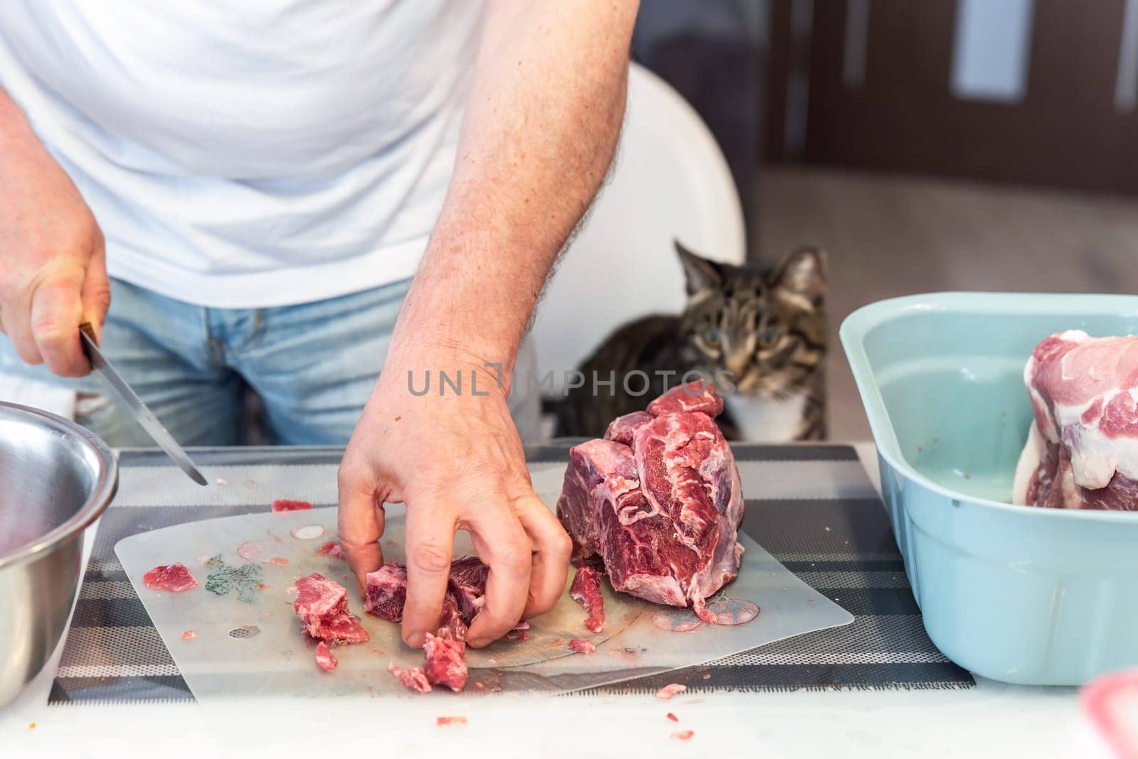 Man cutting piece of meat on cutting board with knife, cat looking at it