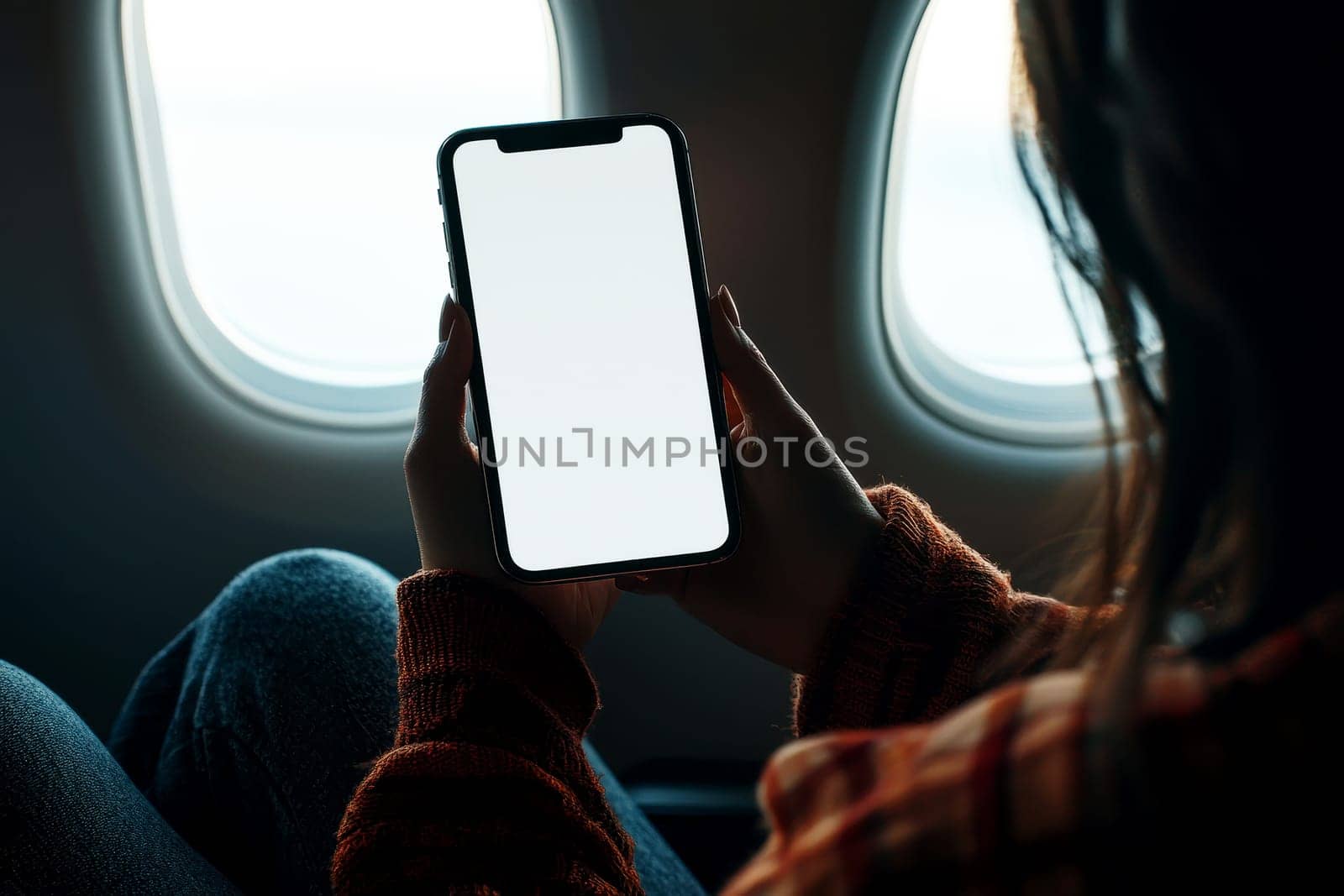 Close up of a woman hand holding a smartphone white screen is blank near an airplane window..