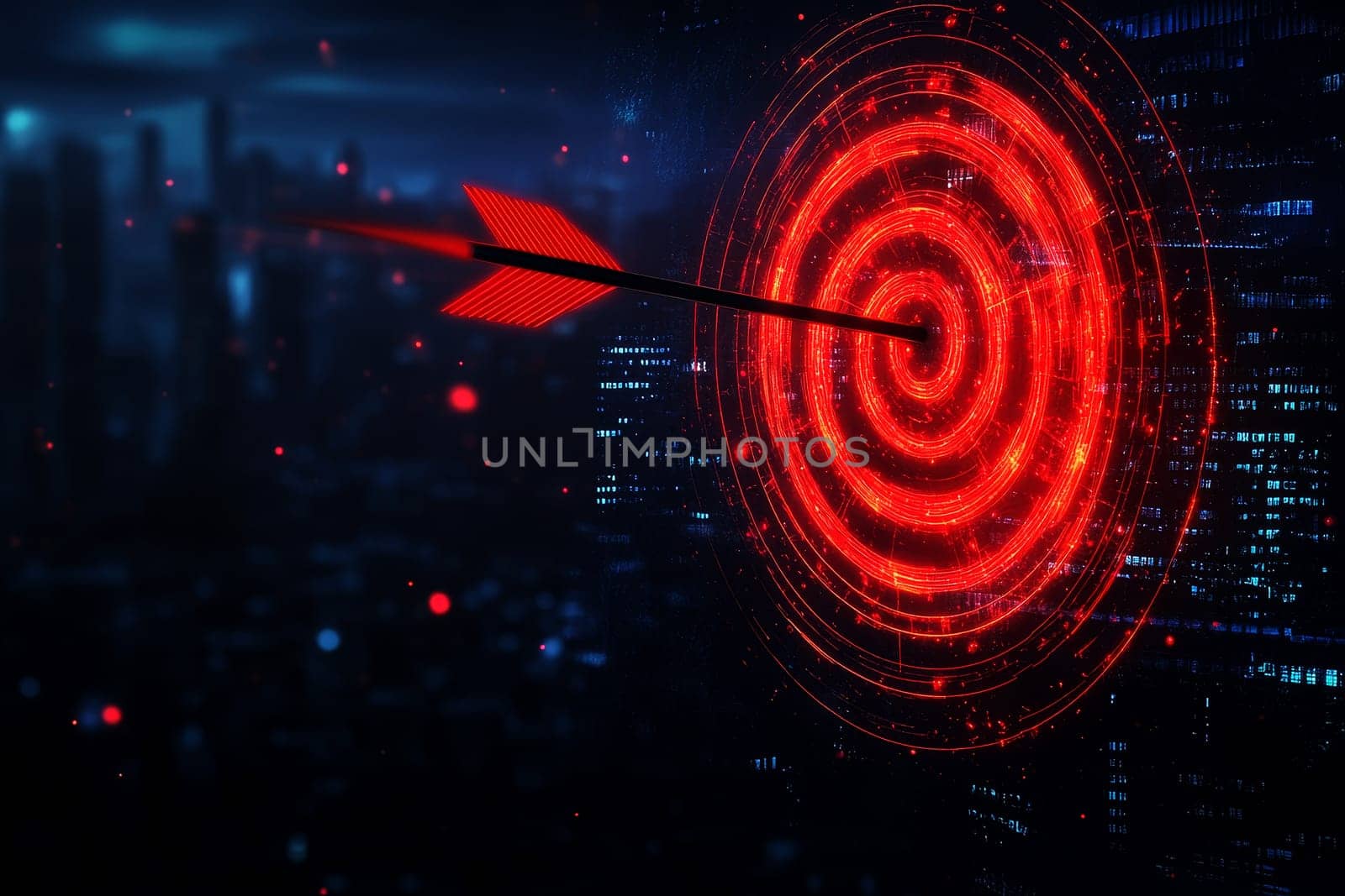 dart board with a red arrow pointing to it on blur building background..
