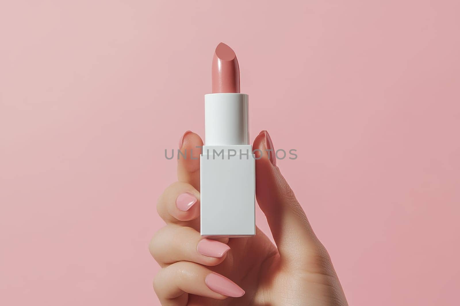 A person is holding a white lipstick in their hand. The lipstick is pink and has a slender shape. Concept of elegance and sophistication, as the person is holding the lipstick with care
