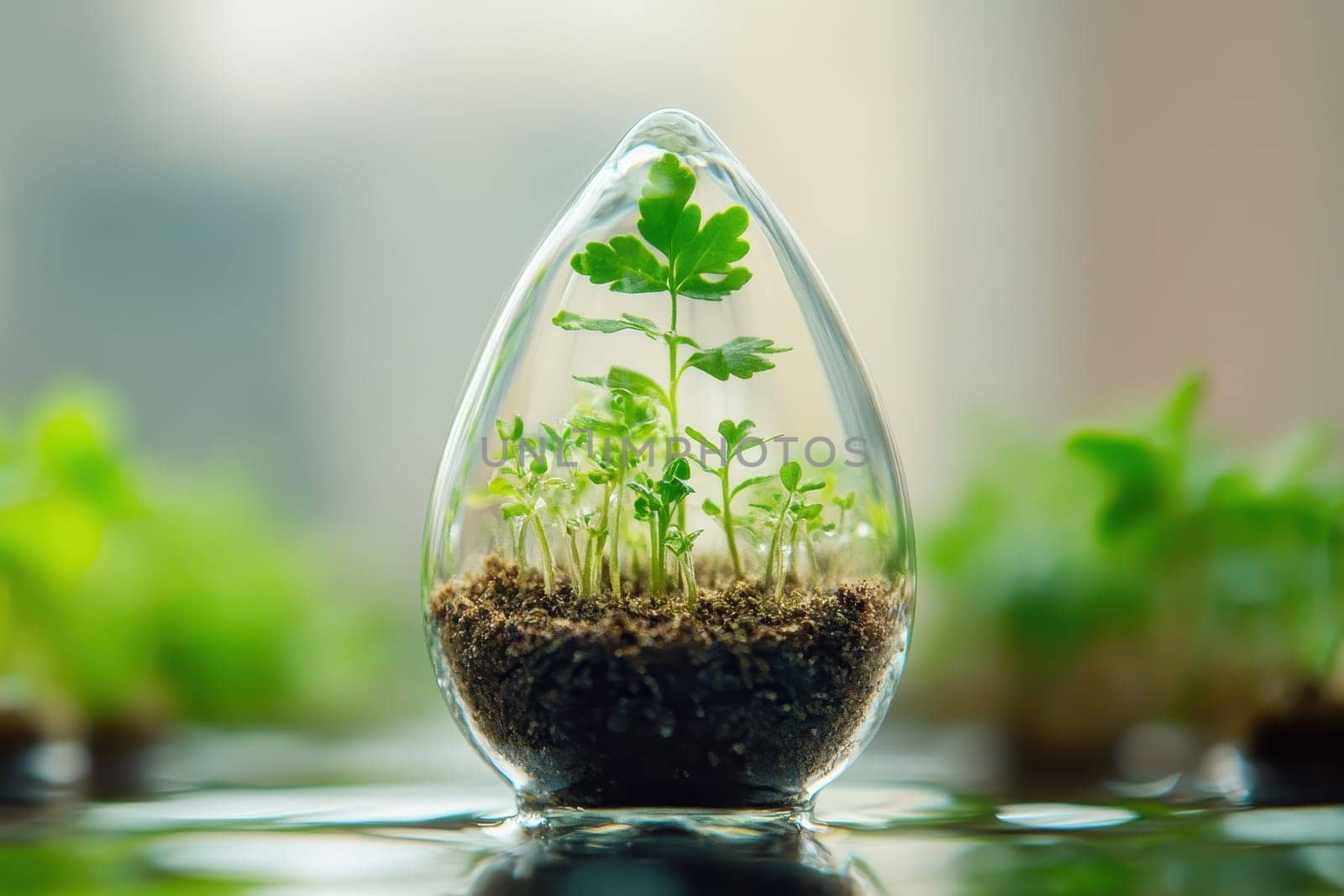 A small plant is growing in a glass container with soil. The container is placed on a table with water surrounding it. Concept of growth and life, as the plant is thriving in its environment