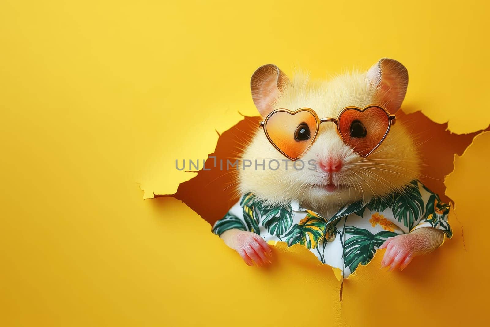 A hamster wearing sunglasses and a Hawaiian shirt is peeking out from a hole in a yellow background