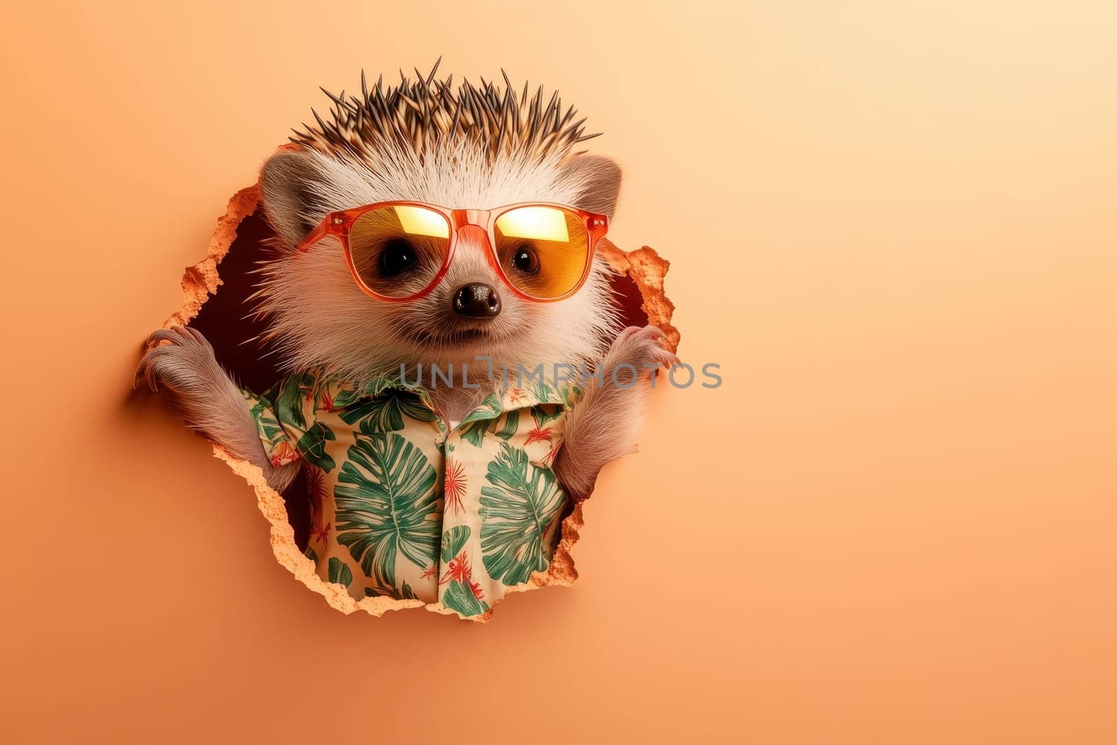 A cute hedgehog wearing sunglasses and a Hawaiian shirt. The hedgehog is peeking out from a hole in a wall