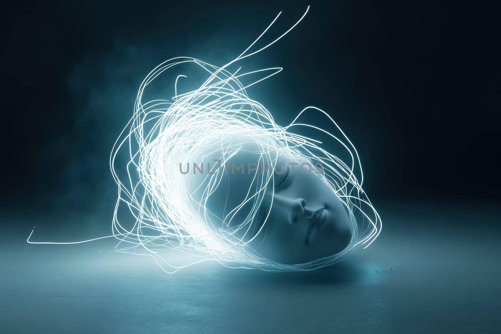 A face with a tangled mess of wires around it. The wires are glowing and the face is upside down. Scene is chaotic and disordered