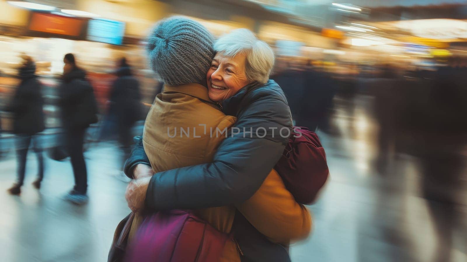 Two women hug in a busy airport. One of them is wearing a hat. The other woman is smiling