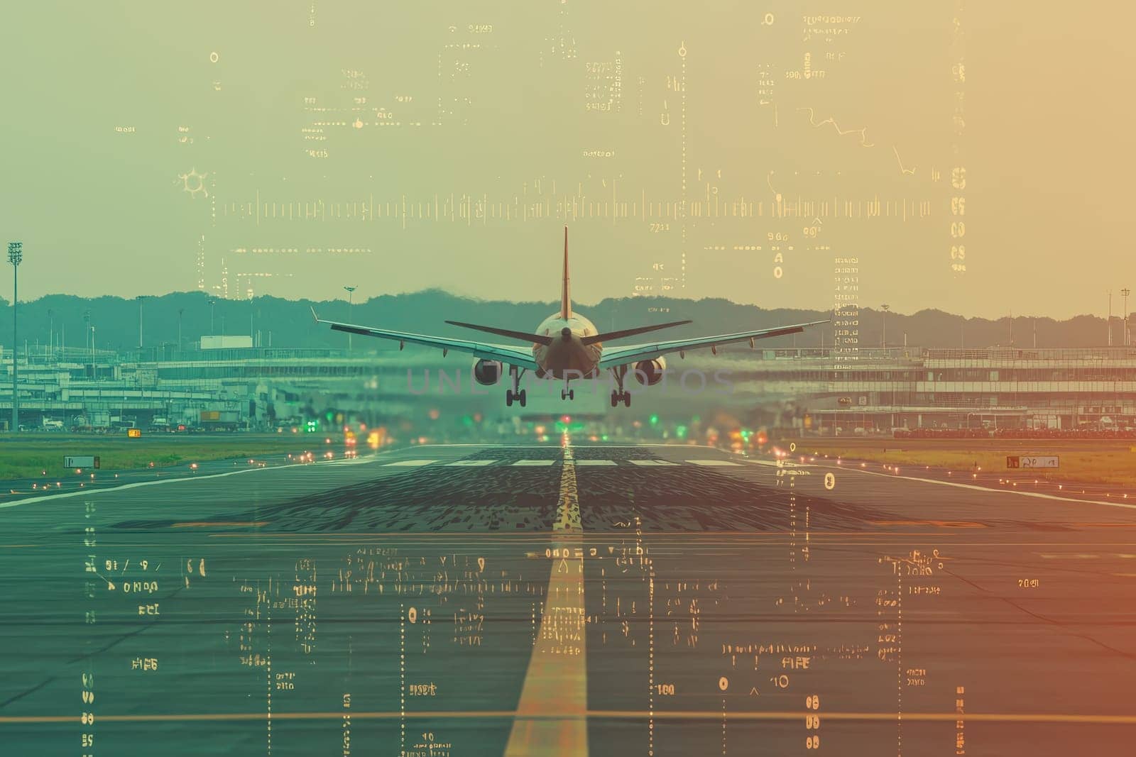 A plane is flying over a runway with a blurry background. The image has a futuristic and abstract feel to it, with the plane taking up a large portion of the frame