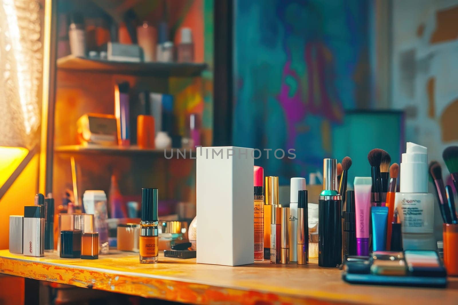 A table full of makeup and beauty products, including a white box. The table is surrounded by shelves and a painting on the wall. Scene is colorful and lively, with a focus on the beauty