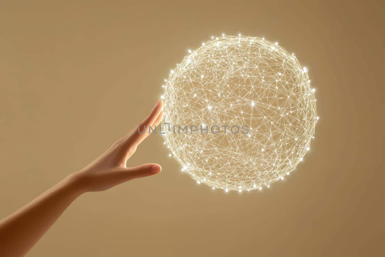 A hand is holding a glowing sphere that is surrounded by a web of lines. The sphere appears to be a representation of a network or a connection between people. Concept of unity and interconnectedness