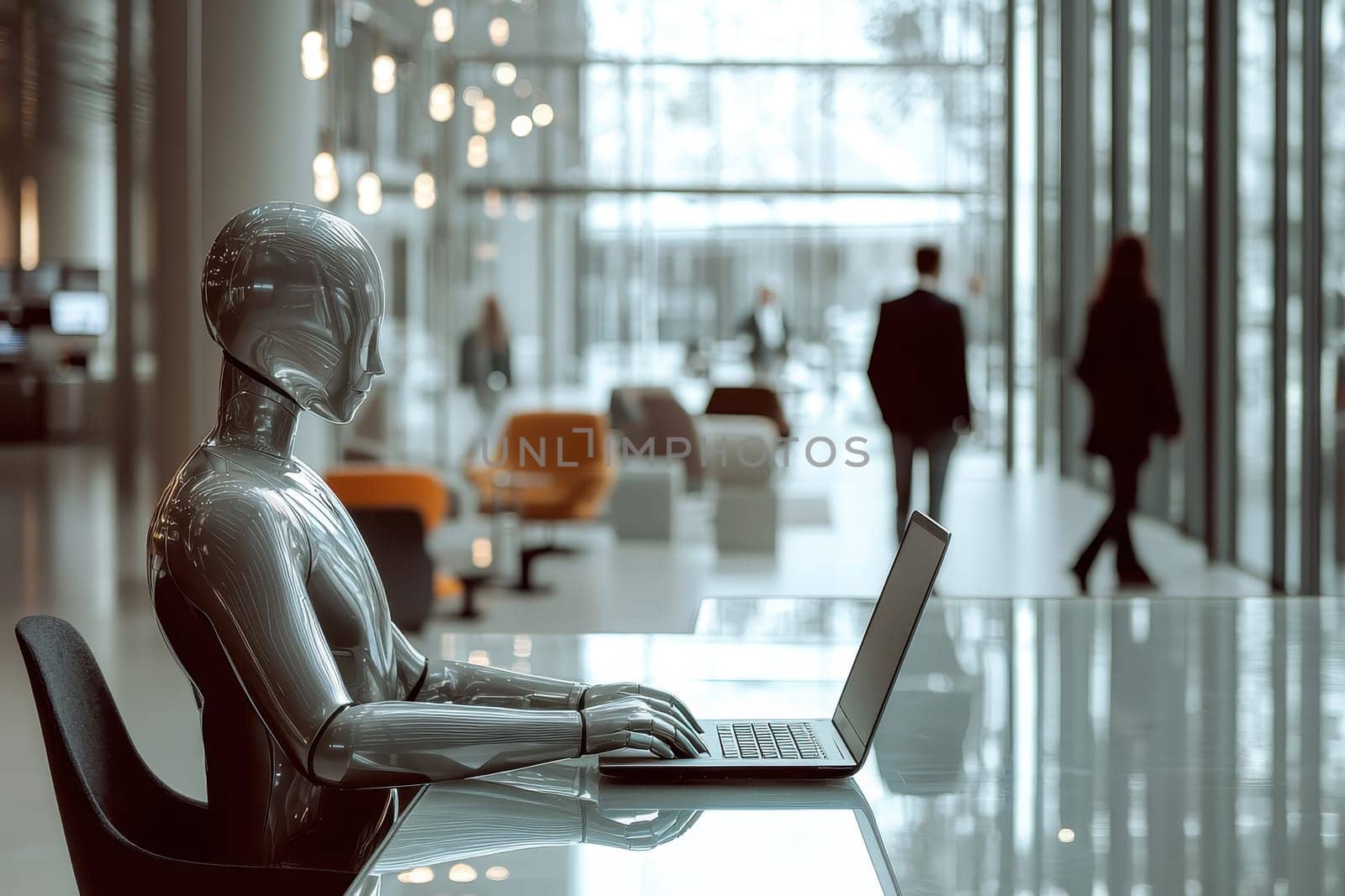 A robot is sitting at a desk with a laptop in front of it. The robot is wearing a suit and he is working on the laptop. The scene is set in a large room with several people walking around
