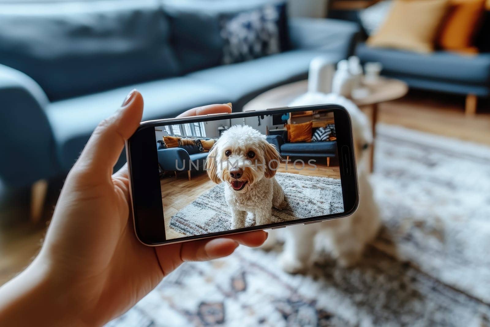 A person is holding a cell phone up to take a picture of a dog. The dog is standing on a rug in a living room