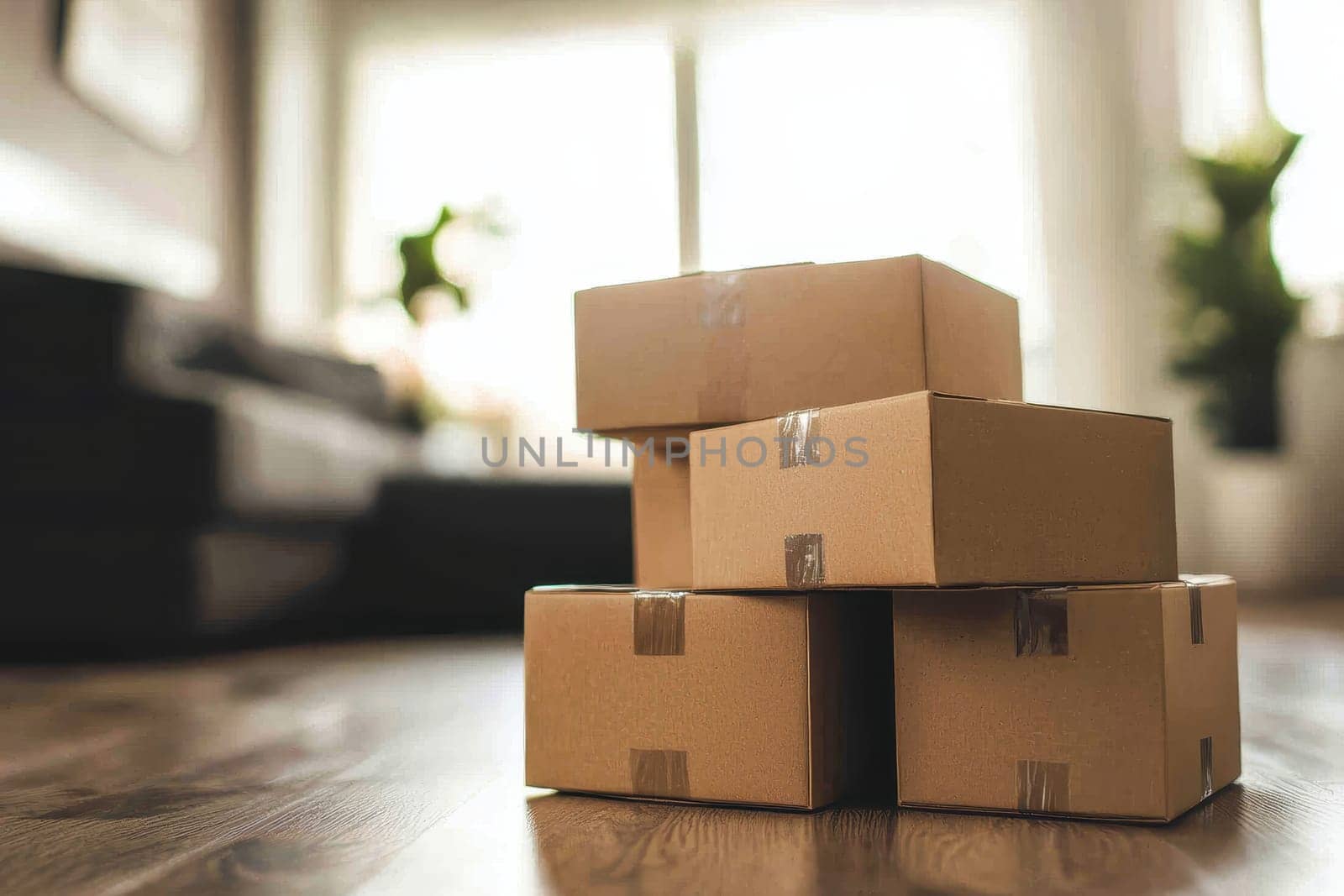 A stack of cardboard boxes on a wooden floor. The boxes are taped and appear to be from a delivery