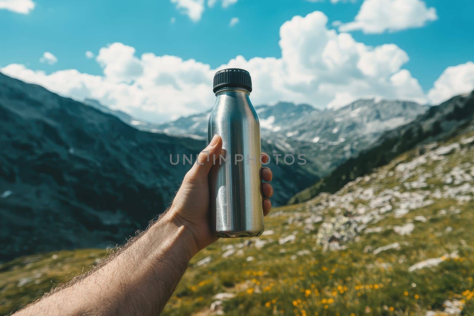A person is holding a silver water bottle in a beautiful mountain setting. The bottle is filled with water, and the person is holding it up to the camera. Concept of adventure and exploration