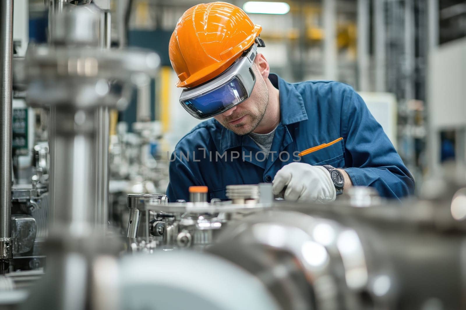 A man in a blue and orange uniform is wearing a hard hat and safety glasses. He is working on a machine in a factory