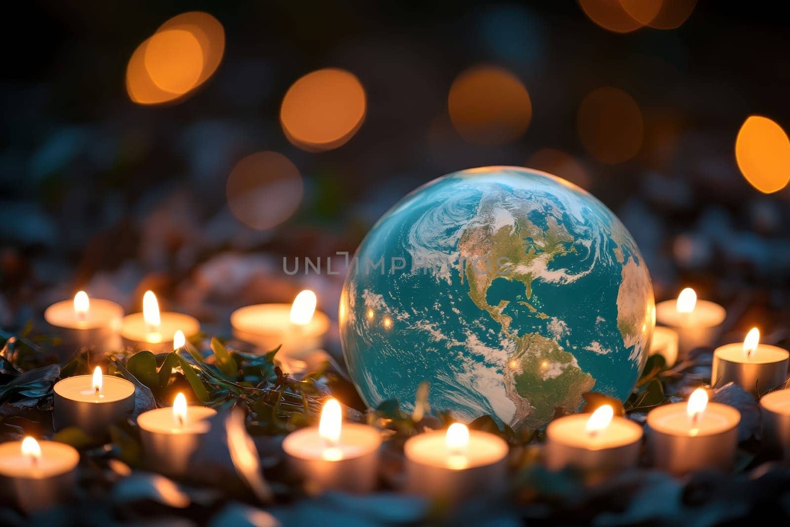 A globe is surrounded by candles, creating a warm and peaceful atmosphere. The candles are lit, casting a soft glow on the globe and the surrounding area. Concept of calm and serenity