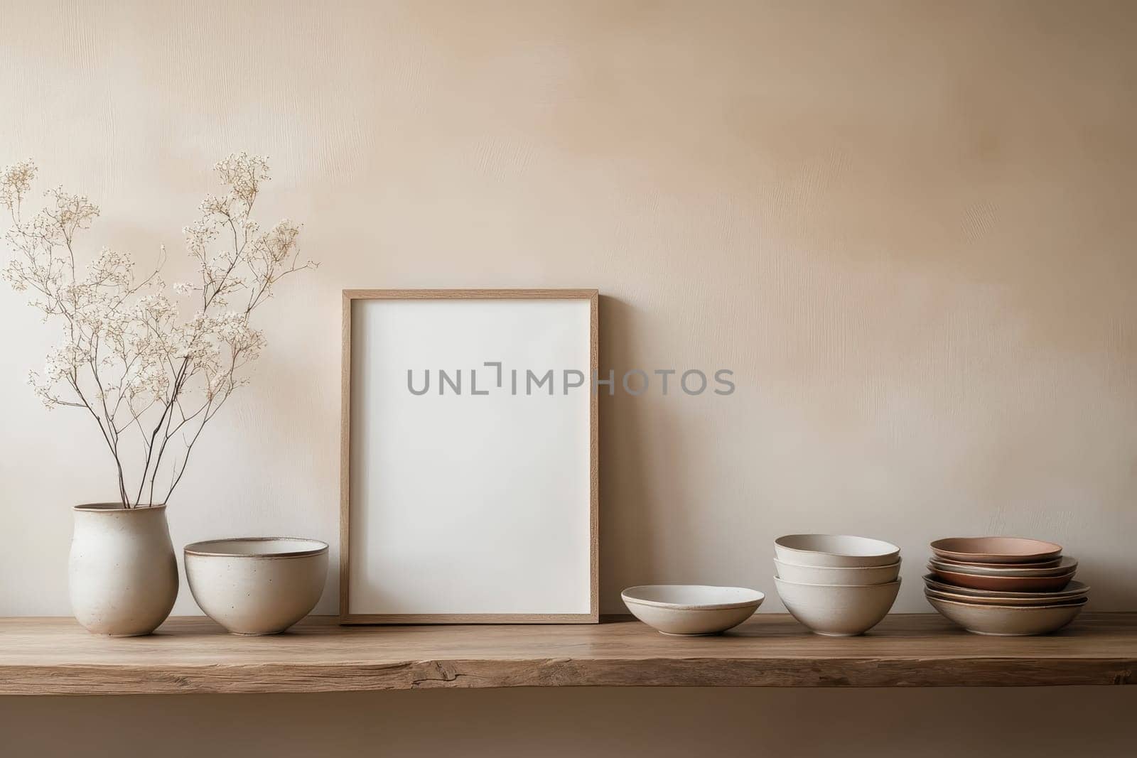 A shelf with a white frame and white bowls and a vase with flowers. The shelf is made of wood and has a rustic feel
