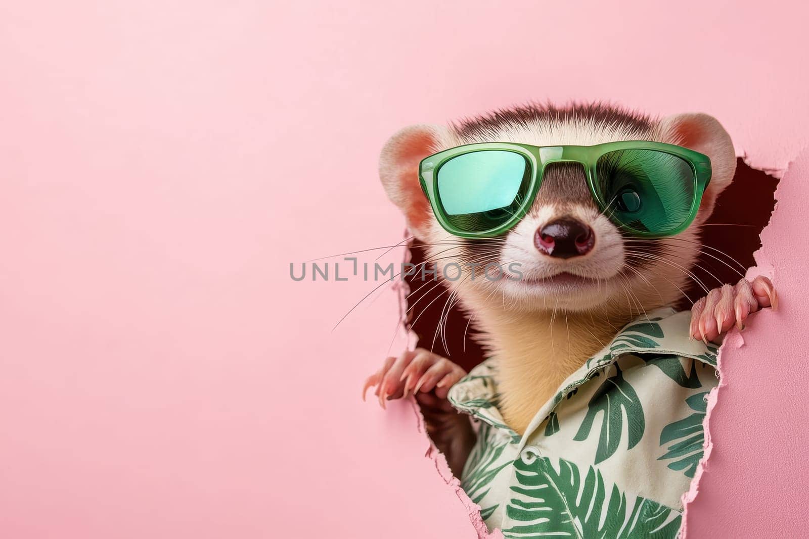 A small animal wearing sunglasses and a green shirt is peeking out from a hole in a pink background