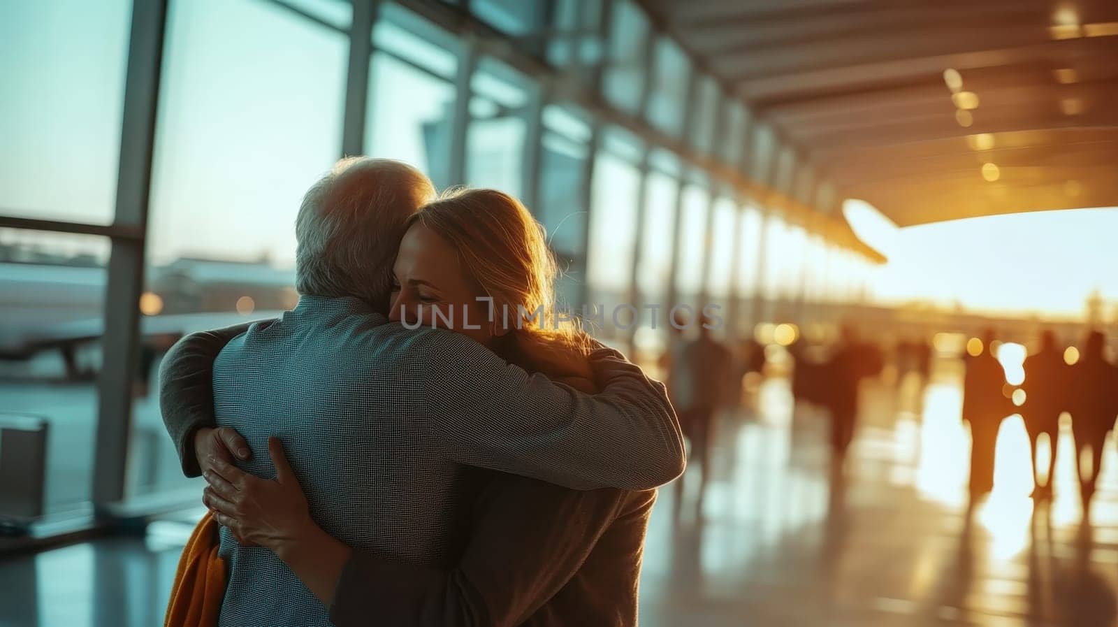 A woman hugs an older man in an airport. The scene is filled with people walking around, some of them carrying luggage. The atmosphere is warm and welcoming