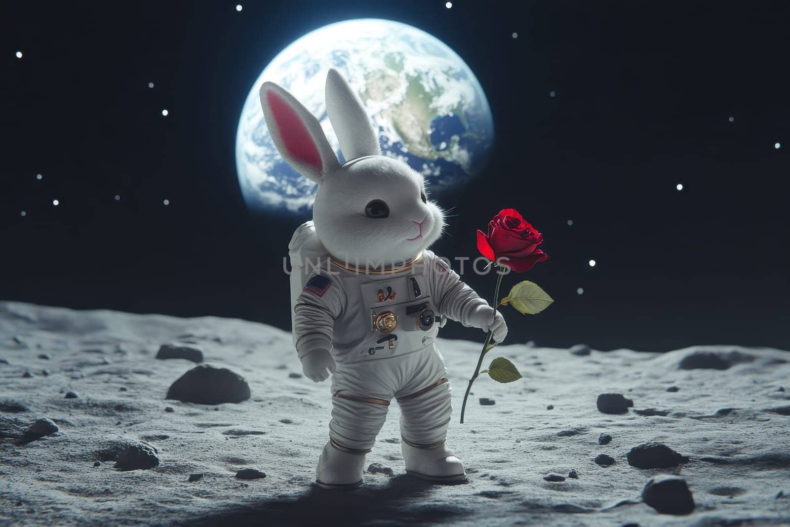 A rabbit in a space suit holding a rose. The rabbit is on the moon