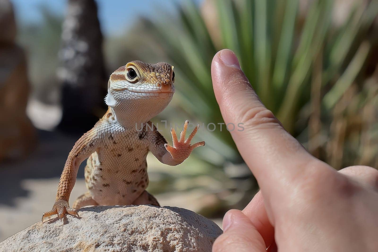 A lizard is standing on a rock and waving its hand. The lizard is brown and has a long tail