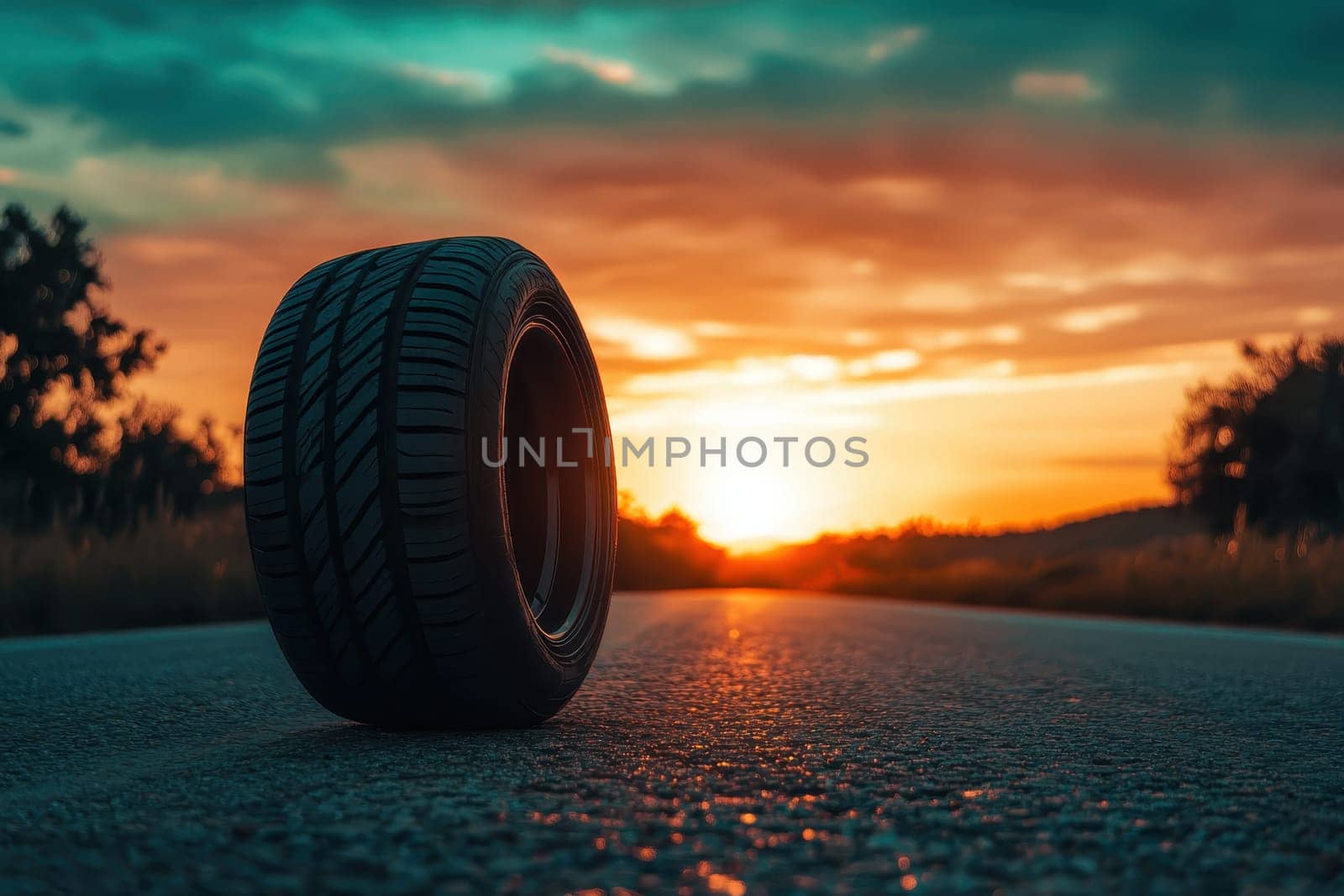 A tire is sitting on the road in front of a beautiful sunset. The tire is black and the road is grey
