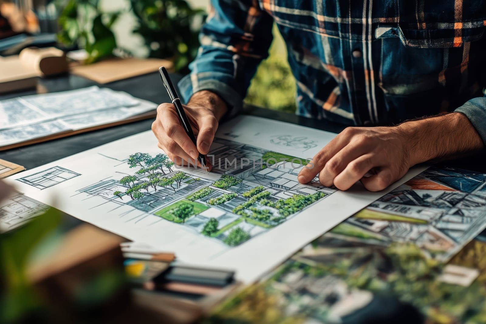 A man is drawing a landscape on a piece of paper. He is using a pen to create the drawing
