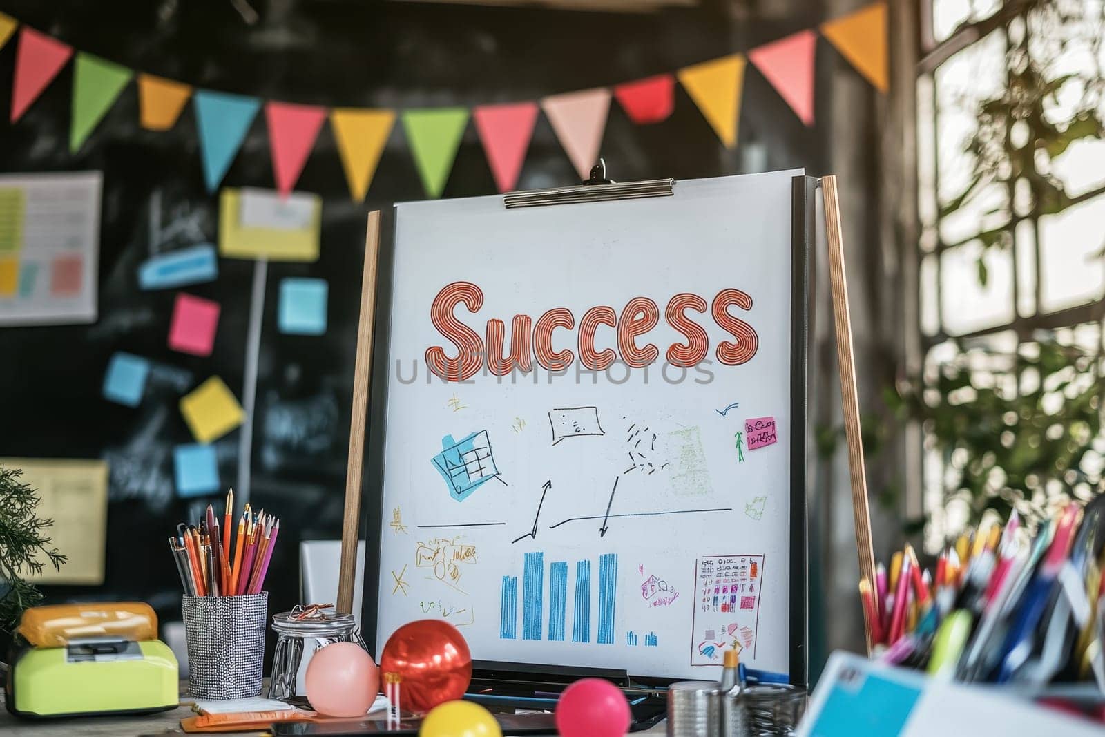 A white board with the word success written on it. The board is surrounded by various office supplies such as pens, pencils, and a calculator