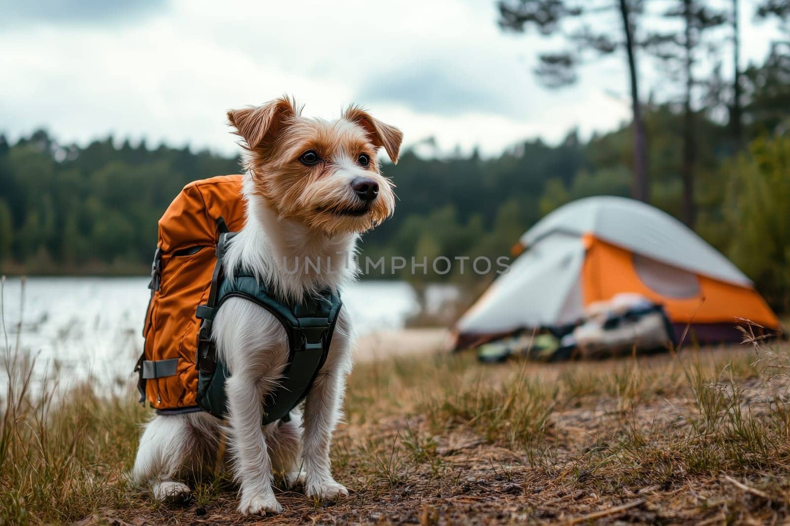 A small dog is wearing a backpack and standing in front of a tent. The dog appears to be enjoying the outdoors and is ready for a camping trip