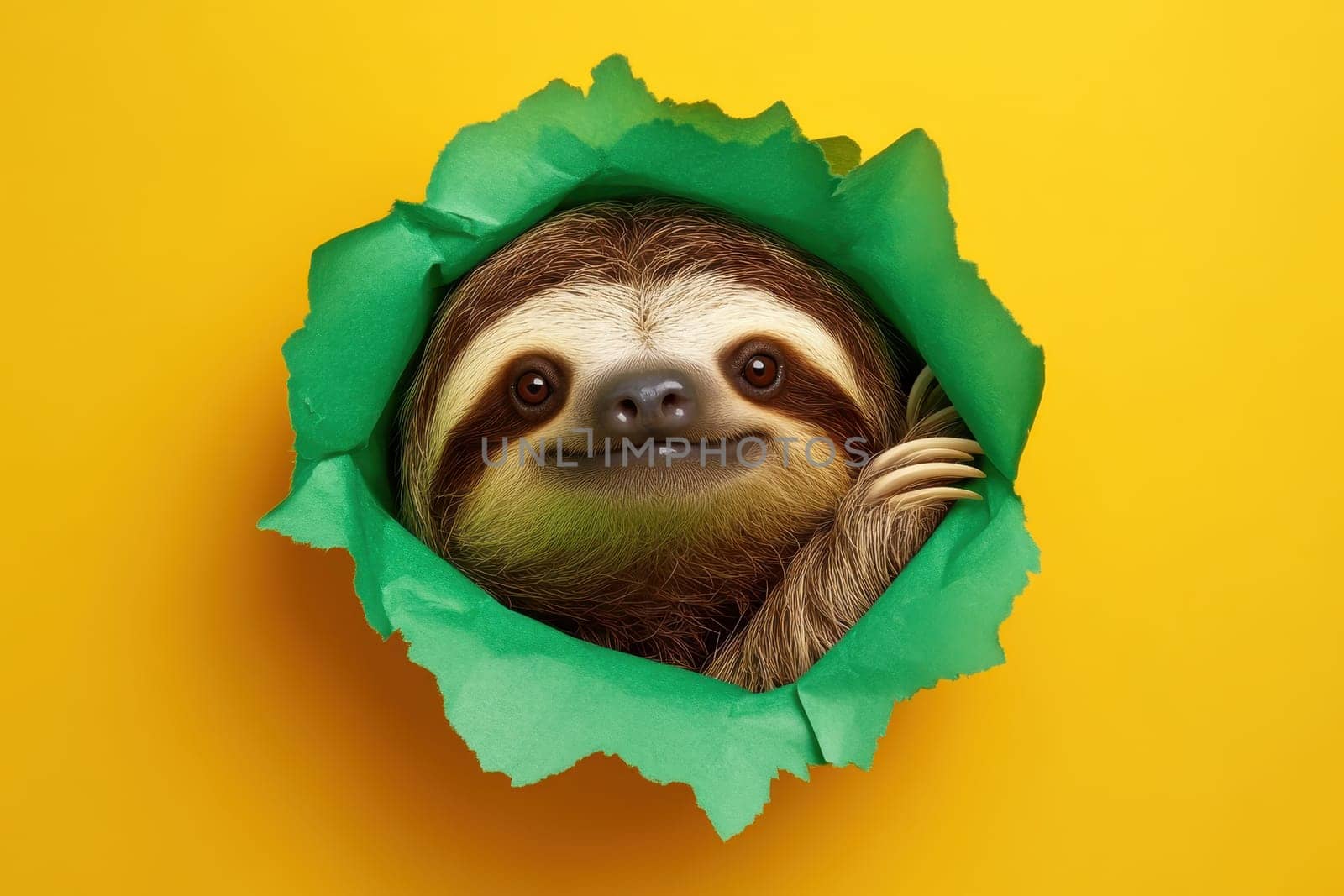 A sloth is peeking out of a hole in a green paper. The sloth is smiling and he is happy