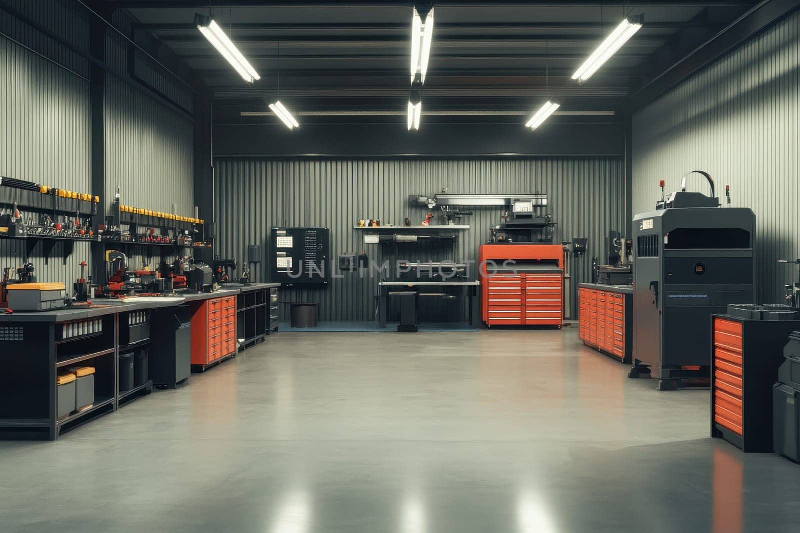 A large, empty workshop with a lot of tools and equipment. The space is well lit and organized, giving off a professional and efficient vibe