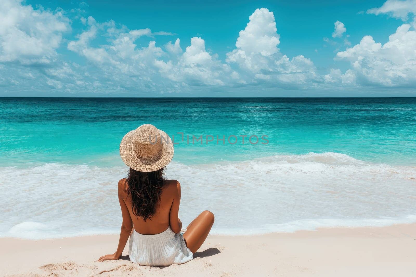 A woman is sitting on the beach wearing a straw hat. The sky is blue and the ocean is calm