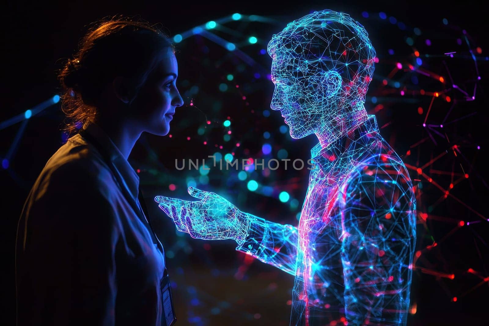 A woman and a man are standing in front of a projection of a man. The woman is holding the man's hand. The projection of the man is blue and red