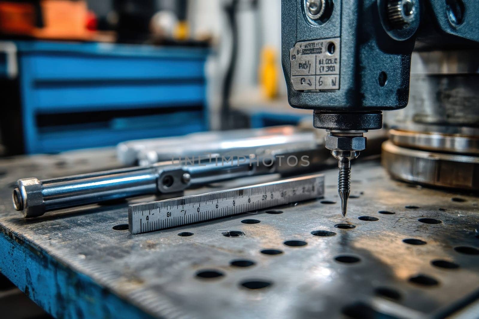 A machine with a drill bit on it sits on a table next to a ruler and a pair of scissors