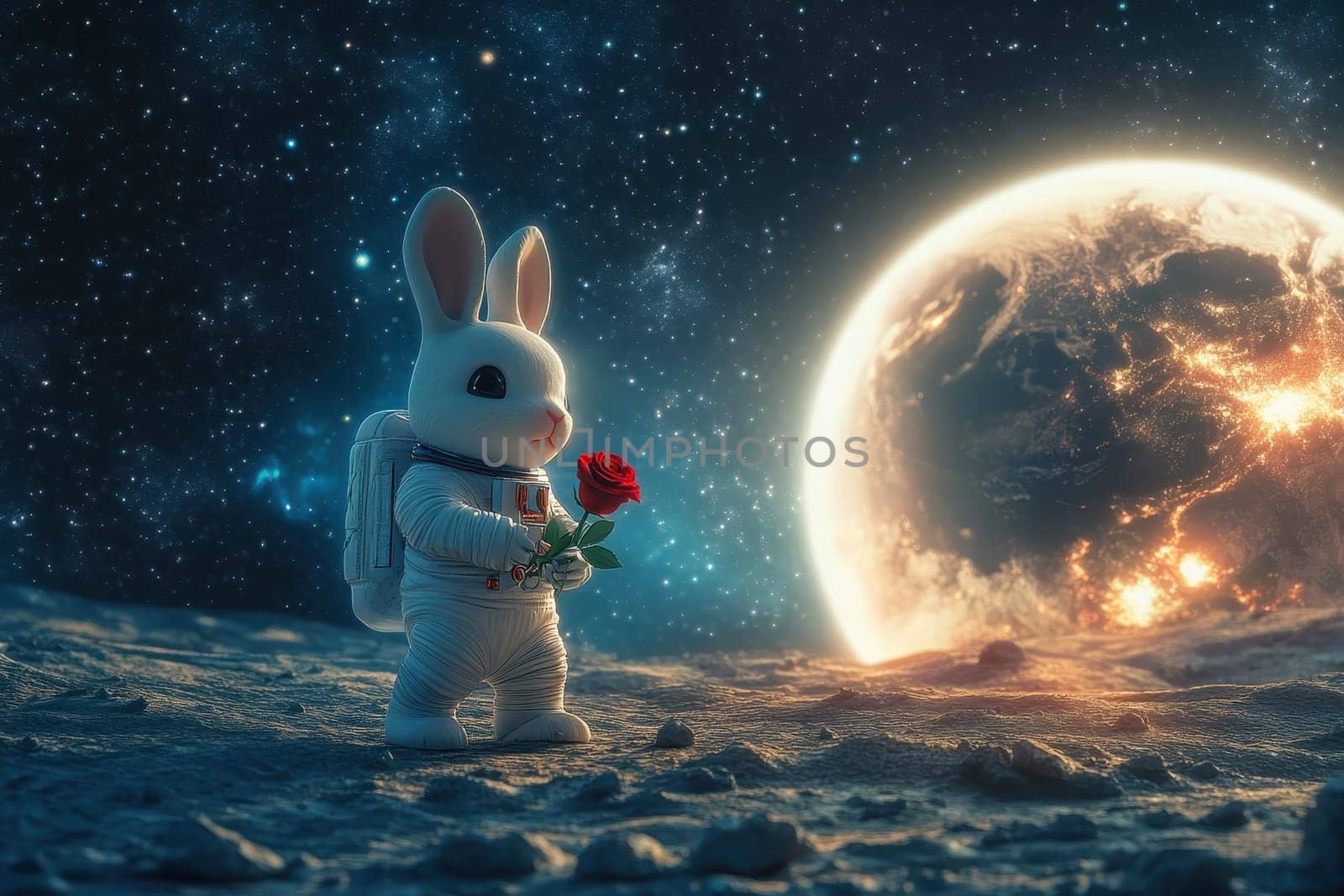 A rabbit is standing on a planet with a rose in its hand. The scene is set in outer space, and the rabbit is wearing a spacesuit. Concept of adventure and exploration