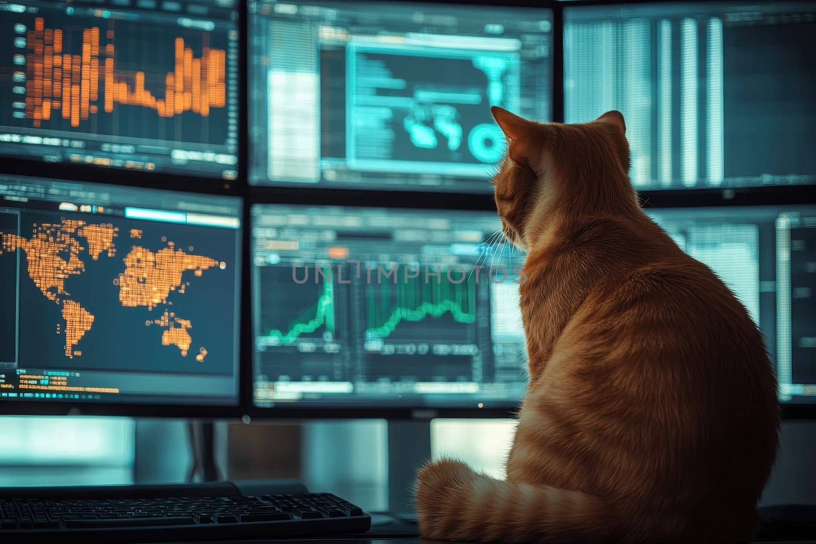A cat is sitting in front of a computer monitor with a world map on it. The cat appears to be looking at the monitor intently, possibly observing the data displayed. Concept of curiosity and focus