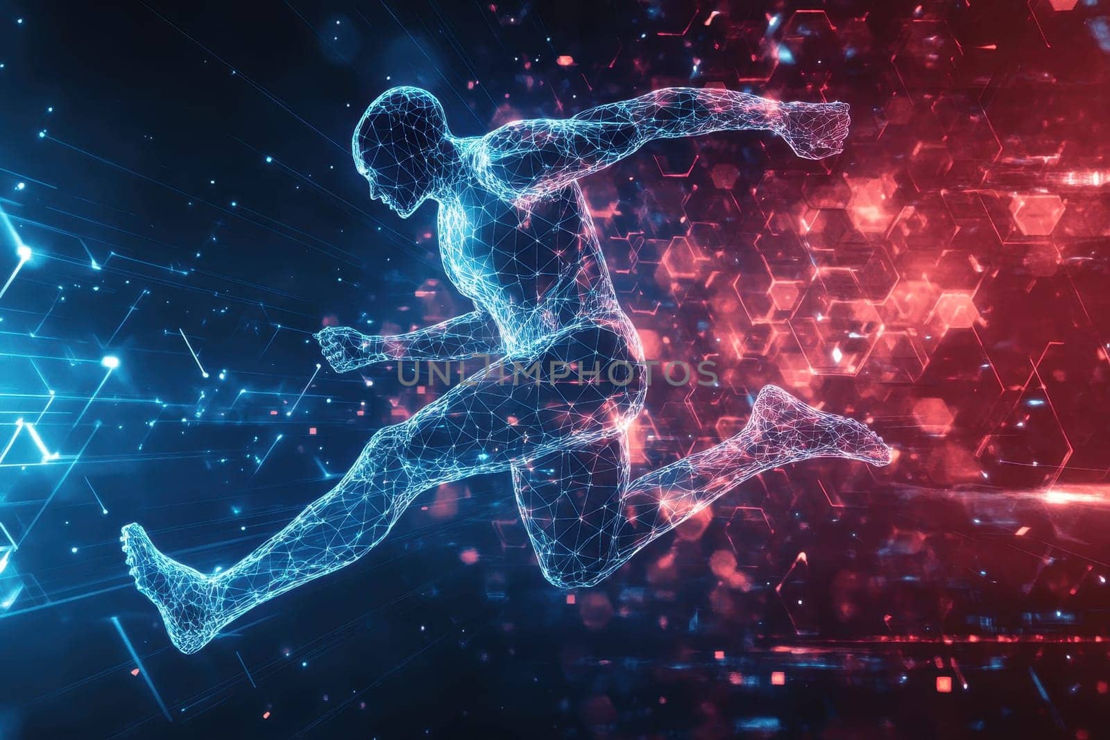 A man is running in a futuristic world with a blue and red background. The man is surrounded by a lot of lights and the background is filled with a lot of shapes and colors