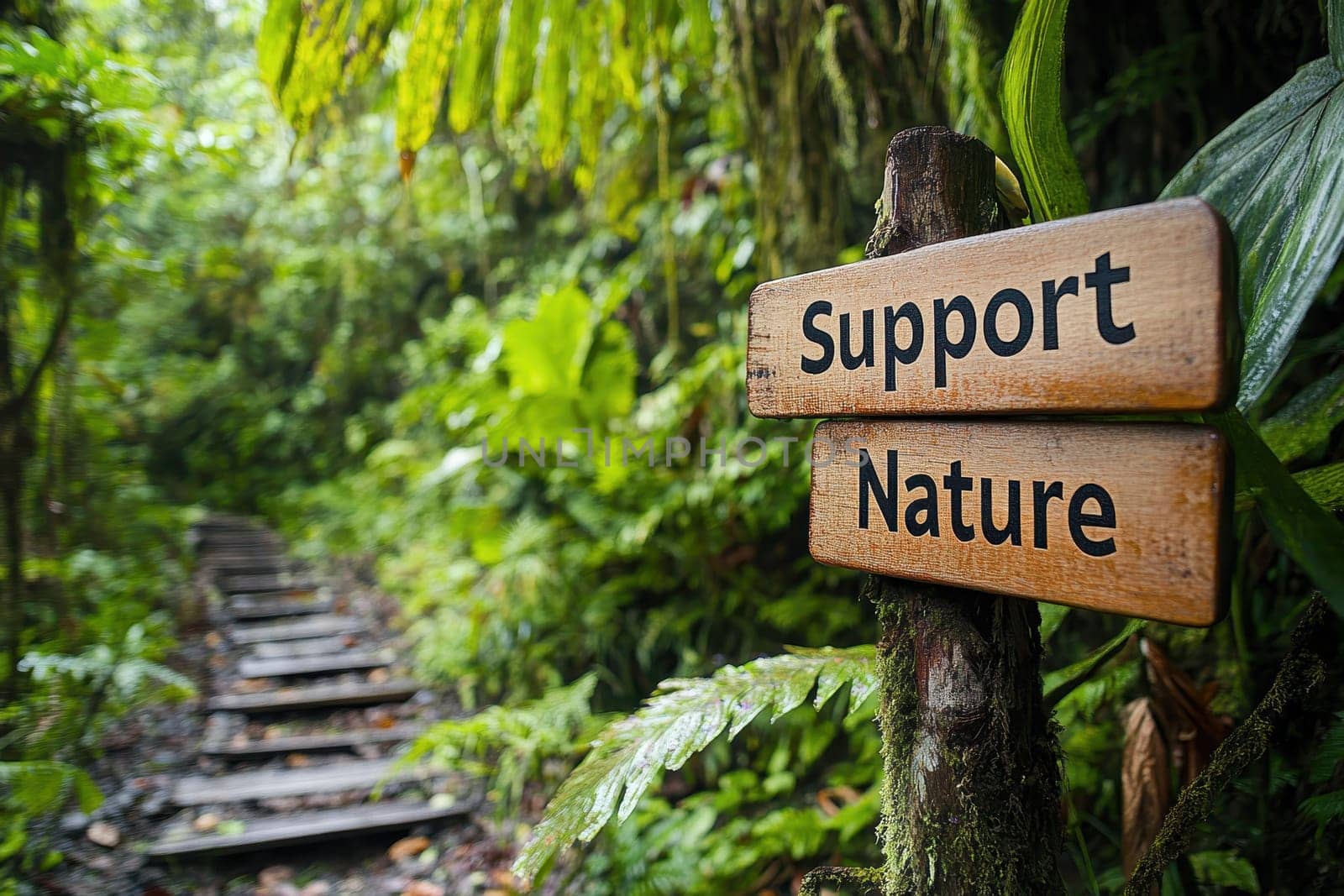 A sign in a forest that says Support Nature. The sign is wooden and has two words on it. The forest is lush and green, with trees and plants all around. The sign is placed on a wooden post