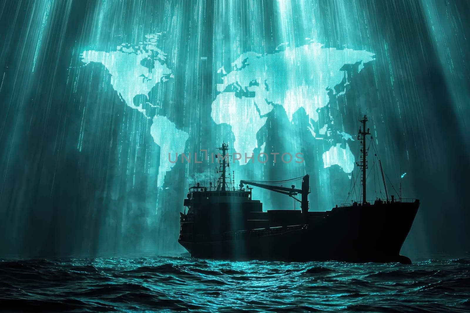 A ship is sailing in the ocean with a blue background and a globe in the background. The ship is surrounded by a light blue water