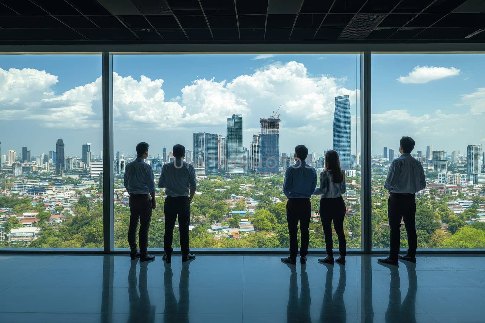 A group of people are standing in a window looking out at the city. Scene is one of awe and wonder as they take in the view of the city below
